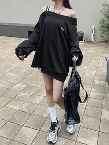 FRIFUL Damen Slogan Muster Off-Shoulder Langarm Lässiges Lose T-Shirt