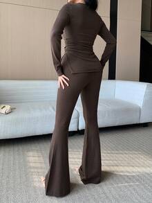 DAZY 2件套女士休闲商务优雅棕色圆领修身针织衫和长裤，秋冬季 - 咖啡棕 - 查看 2