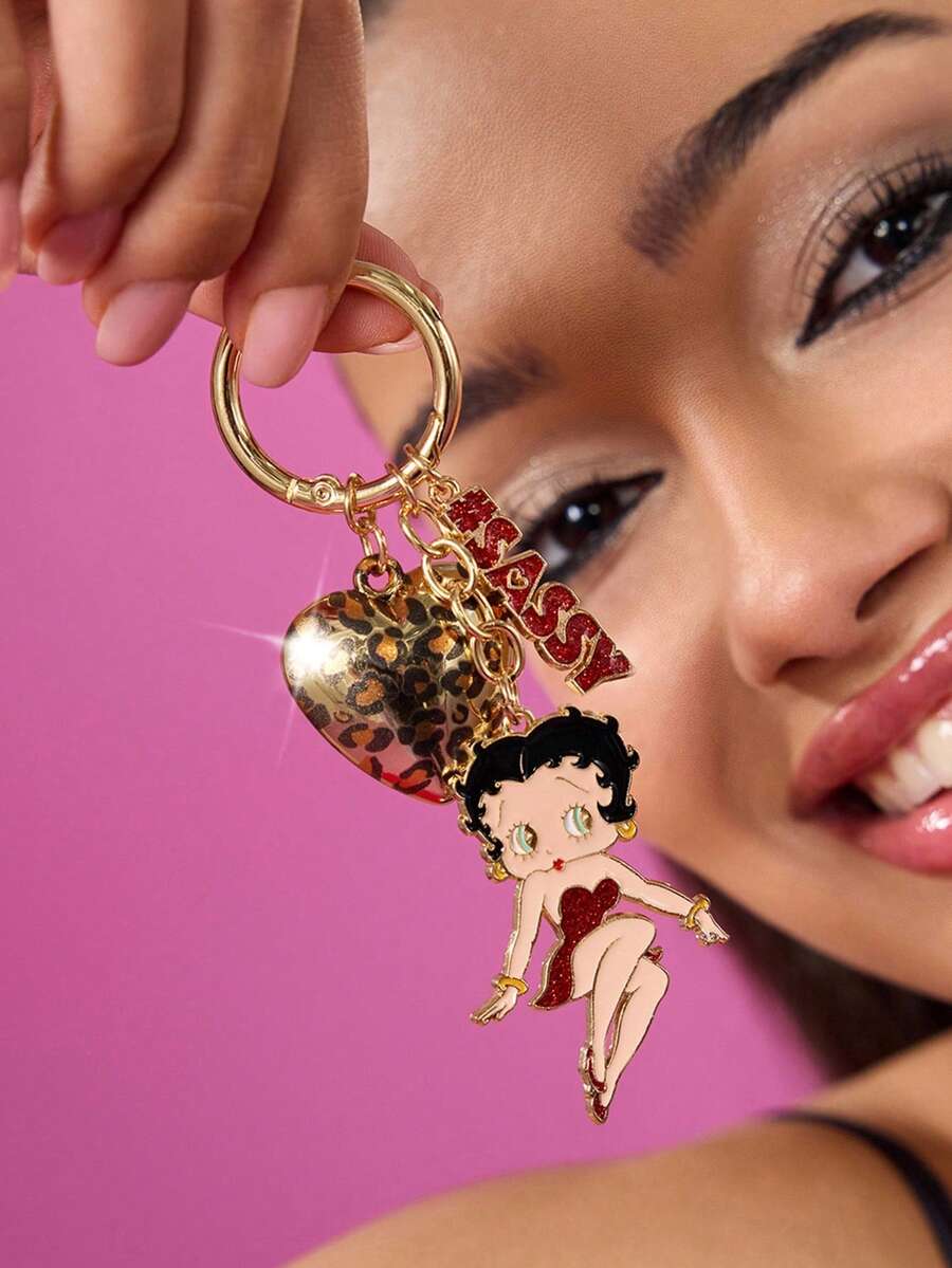 Betty Boop x SHEIN 锌合金女士钥匙扣包包挂件豹纹立体爱心吊坠闪粉，适合挂在包包和钥匙上，礼品收藏纪念，送礼佳品，派对，节日，情人节 - 彩色 - 查看 1