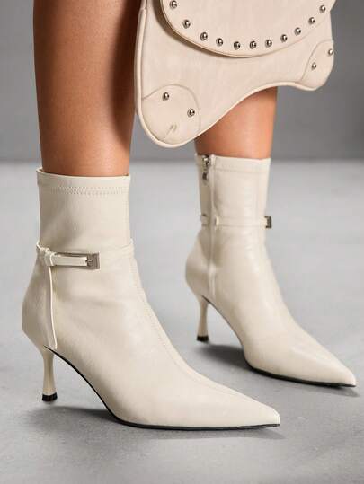 CUCCOO SZL Women's High Heel Ankle Boots With Belt Buckle, Pointed Toe Stiletto Heel, Side Zipper Elastic Slim Fit Ankle Boots, Fashion Women Boots For Autumn/Winter