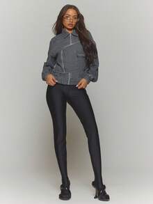 MUSERA 拉链式不对称叠层拼接牛仔飞行员夹克，秋冬街头风，酷炫夜店日常性感缟玛瑙时尚春夏款 - 灰色 - 查看 5