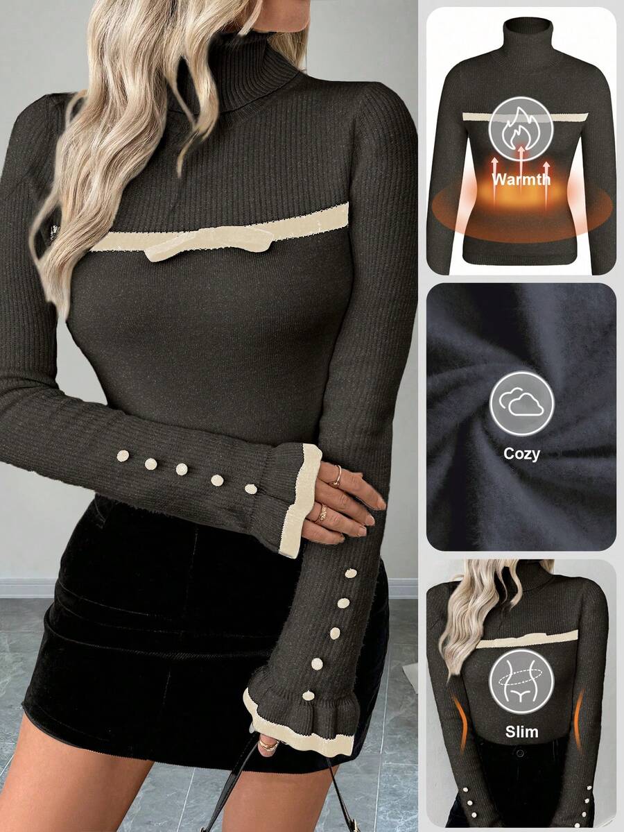 SHEIN LUNE Sweater Rajut Lengan Panjang Wanita Model Turtleneck dengan Kancing dan Rumbai, Dilengkapi Pita dan Lapisan Termal yang Pas di Badan - Dark Grey - View 1