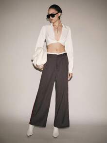 Lumivelle 条纹印花口袋褶裥休闲女裤 - 灰色 - 查看 7