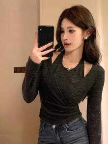 DAZY Áo thun nữ tay dài cổ yếm trơn màu 2 trong 1, phong cách thanh lịch cho mùa thu/đông - Xám - Xem 3