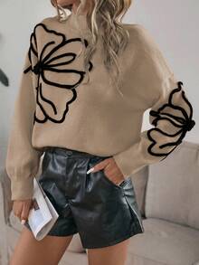 SHEIN LUNE Butterfly Pattern Mock Neck Drop Shoulder Sweater,Long Sleeve Tops Knit Pullover Fall Winter Outfit - Khaki - View 3