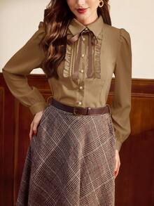 Vintamour 复古优雅女士衬衫，撞色滚边，蝴蝶结荷叶边下摆，纽扣设计，休闲百搭，适合工作、度假、秋季、冬季、圣诞节等各种场合。优雅女士衬衫 - 棕色 - 查看 2