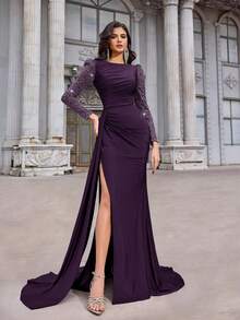 Aureia 优雅奢华亮片刺绣拼接弹力针织面料圆领褶皱薄纱长袖修身鱼尾高开衩连衣裙，适合单身派对、约会、舞会、生日、婚礼、正式场合、情人节等场合。 - 紫色 - 查看 6