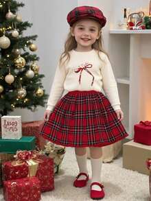 女童长袖蝴蝶结格子百褶裙卫衣套装，圣诞节，秋冬 - 杏色 - 查看 1