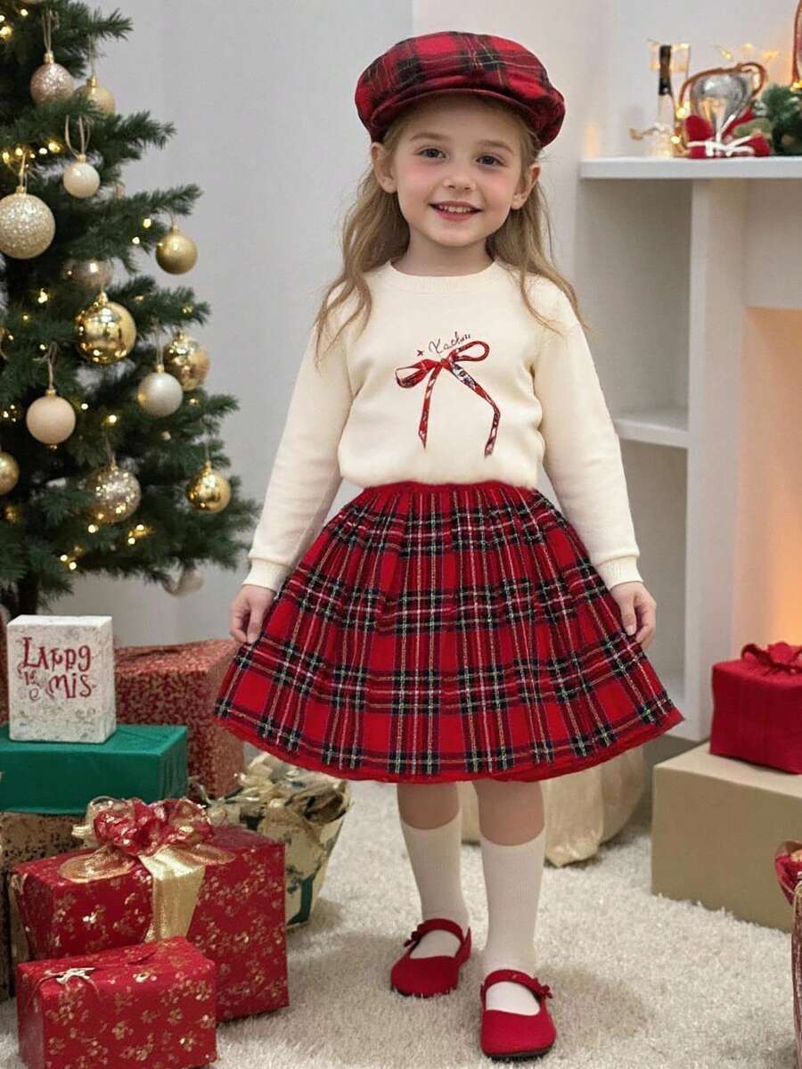 女童长袖蝴蝶结格子百褶裙卫衣套装，圣诞节，秋冬 - 杏色 - 查看 1