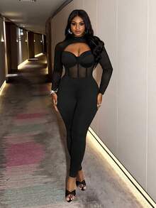 Slaydiva Nuevo mono elegante y sexy de punto elástico con cintura ceñida, cuello hueco de malla y parches para fiestas, reuniones, citas, despedidas de soltera, cumpleaños y carnavales callejeros, para mujeres de talla grande - Negro - Ver 6