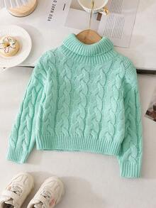 Baby Girl Casual Everyday Commute Minimalist Solid Color Turndown Collar Loose Cable Knit Sweater, Autumn/Winter Baby Knitwear Sweaters For Toddler Girls Baby Girl Winter Sweaters Baby Girl Jumper - Green - View 4