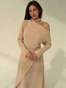 Aloruh Women's Elegant Gathered Waist A-Line Dress With One Shoulder, Minimalist Design For Commuting, Autumn/Winter - Khaki - View 6
