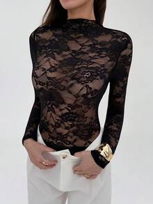 Aloruh Body de manga larga con cuello alto de encaje floral para mujer, ajustado y sexy - Negro - Ver 7