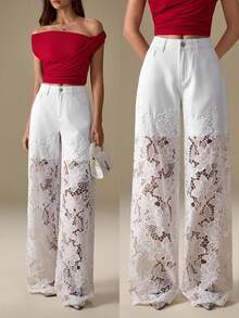 Selenza Quần Jeans Ống Rộng Phối Ren Hoa Chắp Vá Cho Nữ - trắng - Xem 1