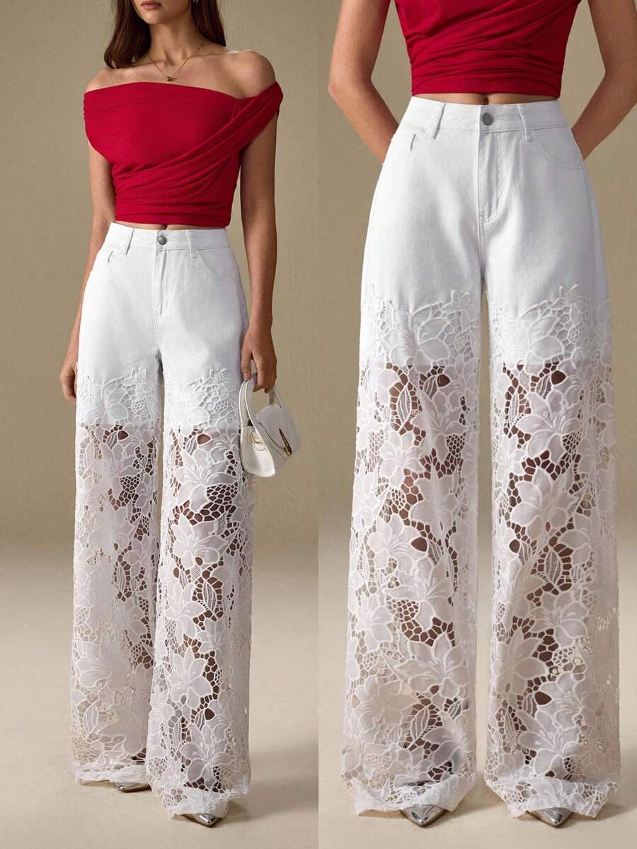 Selenza Quần Jeans Ống Rộng Phối Ren Hoa Chắp Vá Cho Nữ - trắng - Xem 1