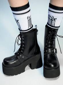Sugerpunk Gothic Punk Style Platform Ankle Boots For Women, Round Toe Thick Heel Ankle Boots With Metal Rivet Buckle Strap Decor, Comfortable Back Zipper Lace-Up Chunky Heel Booties For Party - Black - View 4