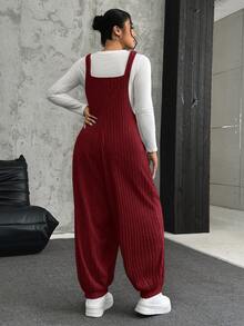 SHEIN EZwear 大码酒红色弹力抓绒罗纹背带裤，秋冬季