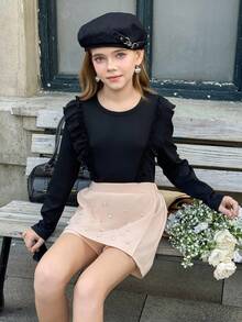 MODELY Mädchen 2-teiliges Set, bequemes geripptes Strickgewebe Rundhals Langarm T-Shirt mit Rüschenbesatz + Bubble Dekor Rock, eleganter britischer Stil Outfit für Frühling/Herbst Alltag & Ferien - Schwarz - Übersicht 7