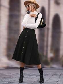 SHEIN LUNE Chân váy chữ A đa năng, thiết kế tối giản, cài nút phía trước, viền bèo nhún, màu trơn - màu đen - Xem 5