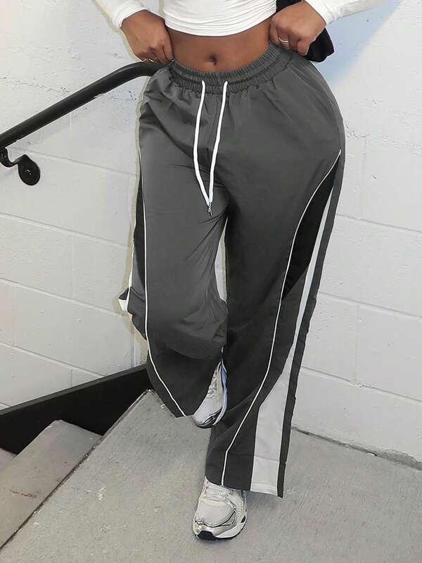 Alexandranx Pantalones deportivos informales con cintura de cordón y bloque de color, estilo universitario para volver a la escuela