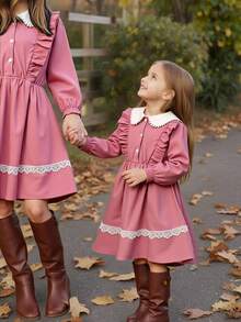 SHEIN 1pc Girls' Comfortable Casual Elegant Lapel Front Button Ruffle Hem Pleated Lace Trim Long Sleeve Elastic Cuff Versatile Dress Suitable For Outings, Travel, School And Various Occasions - Multicolor - View 5