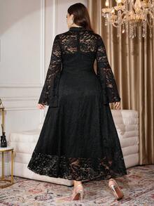 Modelyn 大码女式针织蕾丝镂空喇叭袖拉链后背优雅派对喇叭裙 - 黑色 - 查看 2