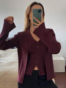 DAZY 2 件套女士优雅纯色吊带背心开衫套装，秋季 - 紫色 - 查看 5