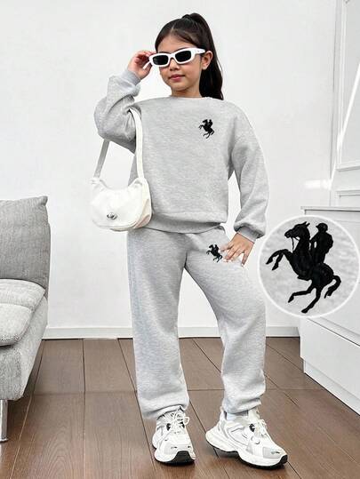 少女舒适休闲卡通图案圆领长袖套头卫衣和修身运动裤套装，适合居家和户外穿着，浅灰色