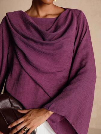 Vesra 优雅不对称裹身式纯色垂褶长袖上衣