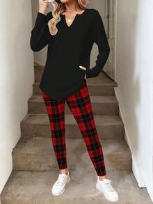 EMERY ROSE 两件套加大码女式圣诞图案印花撞色爱心图案长袖T恤和打底裤，秋冬季 - 彩色 - 查看 6