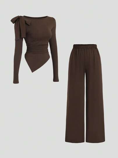 Sweetra Women's Vintage Sexy Slim Fit Comfortable Casual Brown T-Shirt Set, Autumn/Winter