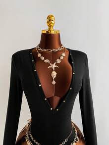 EgrlEra Black High Stretch Knit Fabric Rhinestone Decor Deep V Bodysuit For Women, Autumn/Winter , Minimalist Versatile, Sexy Retro Chic, Suitable For Party, Date, Casual Daily Wear - Black - View 4