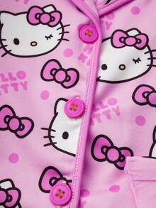 HELLO KITTY AND FRIENDS | SHEIN Baby Girl Cartoon Bow Kitty Cat Allover Print Button Front Top & Pants Pajama Set, Sweet & Lovely, Autumn/Winter Pink Pajama Set Ruffle Trim Pajamas - Pink - View 4