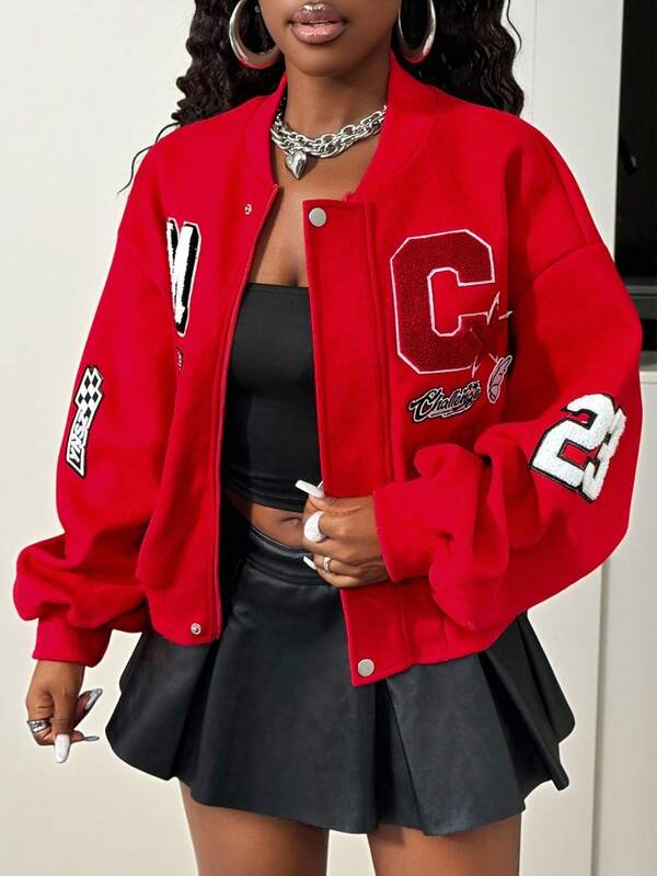 BamGleam Front Zipper Pocket Letter Number Star Flag Embroidery Decor Design Long Sleeve Ribbed Splice Baseball Jacket Stand Collar Woolen Coat