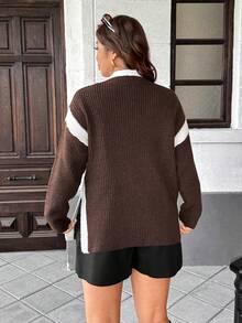 Easura كنزة صوفية كاجوال فضفاضة بياقة على شكل V وألوان متباينة للنساء، شتوي - قهوة بني - مشاهدة 3