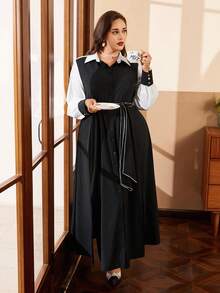 SHEIN Clasi Đầm sơ mi dài tay kiểu Pháp dáng dài màu sắc cổ điển sang trọng, cỡ lớn - màu đen - Xem 4