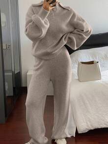 Livesso Women's Casual Collared Sweater And Pants 2 Pieces Set, Autumn