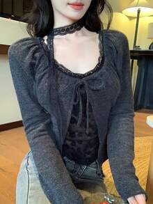 DAZY 女士蕾丝拼接系带长袖T恤，秋冬款 - 灰色 - 查看 3