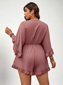 SHEIN VCAY Bộ đồ liền thân tay cánh dơi màu trơn cỡ lớn, viền bèo nhún, thắt eo - Bụi tím - Xem 2