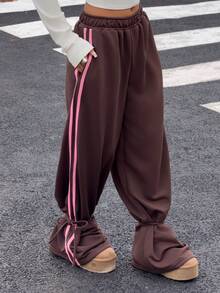 Muchica Women Fashion Brown Contrast Stripe Side Slit Drawstring Waist Loose Sweatpants For Going Out, Back To School, Streetwear - Brown - View 5