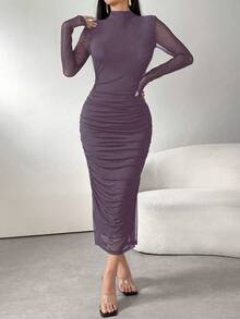 Modelyn Damen einfarbiges minimalistisches Alltagskleid mit Langarm-Mesh, Maxikleid, Abendkleid für Frauen