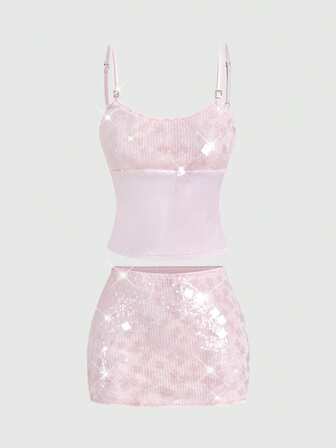 ROMWE Avant 2 pezzi/set Abito da donna elegante e attillato in raso con paillettes e frange elastiche, adatto per il clubbing