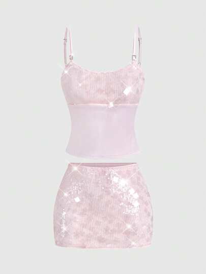 ROMWE Avant Set de 2 piezas de lentejuelas brillantes con flecos elásticos de satén ajustado y elegante para clubes nocturnos para mujeres