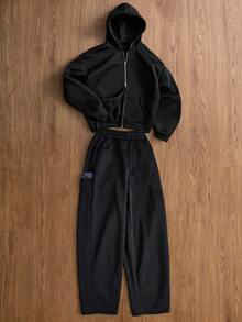 TOKVUE Set di felpa con cappuccio basic con doppia tasca e doppia zip e pantaloni larghi a gamba ampia, stile di strada popolare, adatto per uso quotidiano, regalo per fidanzato/marito, anniversario, outfit nero, per l'inverno - nero - Visualizzare 2
