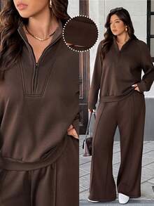 Easura 2pcs/Set Fashionable Casual French Retro Elegant Commuting Stand Collar Sweatshirt - Coffee Brown - View 1