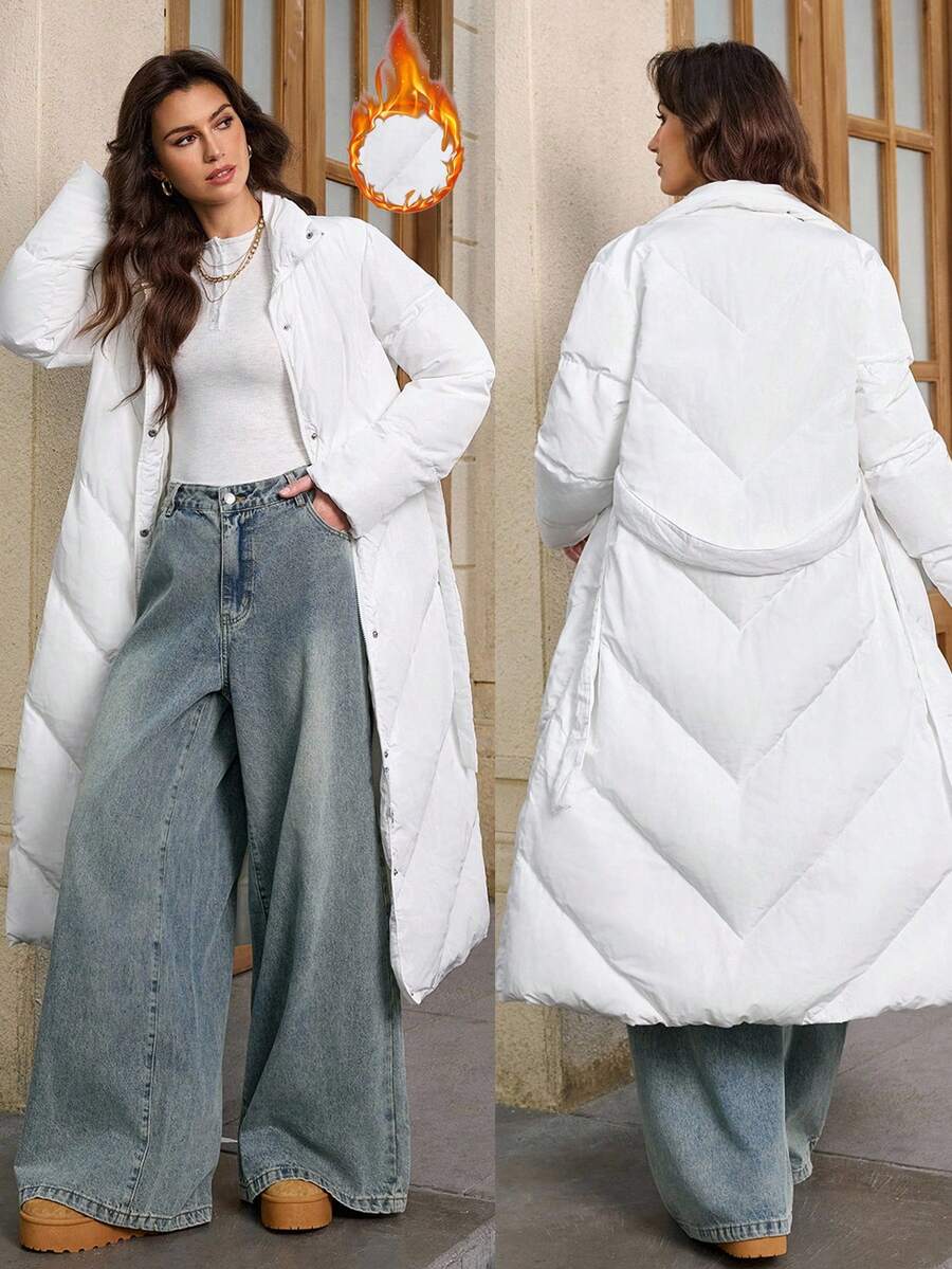 SHEIN Tall 女款白色冬季休閒場合長袖前拉鍊立領保暖內裡羽絨外套，純色拉鍊長版加厚棉襖，適合高個女性 - 米色 - 查看 1