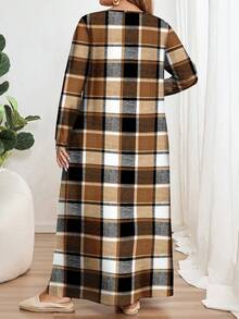 EMERY ROSE Casual Yellow & Black Plaid Textured Print Plus Size Long Sleeve Crew Neck Dress, Suitable For   New Year Party,Flower/Spring/Summer/Vacation - Multicolor - View 4