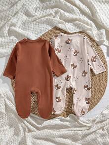Loomiva Newborn Baby Boy/Girl Cartoon Bear Pattern Knitted Soft Crew Neck Long Sleeve Jumpsuit 2pcs Set - Multicolor - View 2