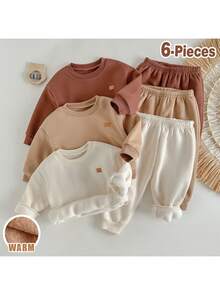 Loomiva Set 6 pcs Baju Pullover Lengan Panjang Leher Bulat Rajut Lembut Warna Polos untuk Bayi Perempuan & Celana Panjang Pinggang Elastis - MultiWarna - View 1