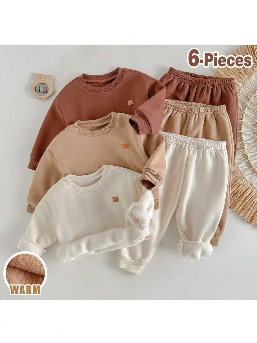 Loomiva Set 6 pcs Baju Pullover Lengan Panjang Leher Bulat Rajut Lembut Warna Polos untuk Bayi Perempuan & Celana Panjang Pinggang Elastis - MultiWarna - View 1